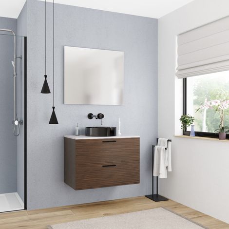 Ceramia Komplettset 80 cm: Waschtisch matt weiß + zusammengesetztes Möbel FSC-zertifiziert, eichenfarbig (CERAMIA-4DW80-S)