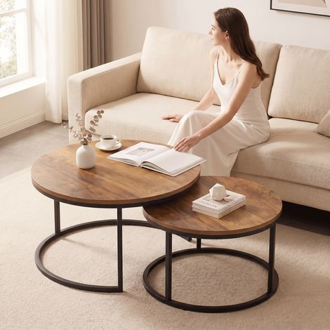 2-teiliges rundes Couchtisch-Set Braun im Industriestil mit stabilen Metallrahmen als kombinierbare Beistelltische für Wohnzimmer und Schlafzimmer (1/4)