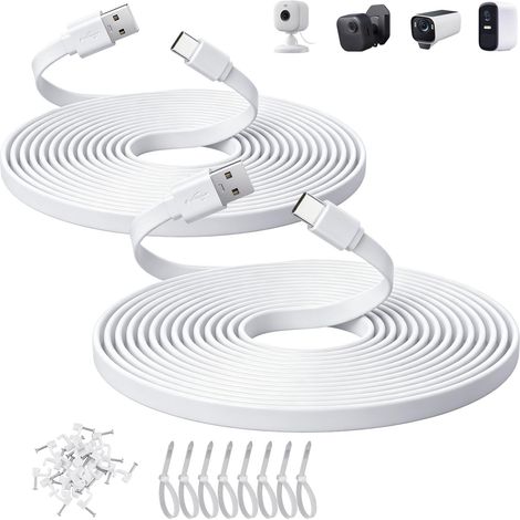 Lot de 2 câbles plats USB C de 3 m, câble d'alimentation USB A vers USB C pour Mini 2/Outdoor 4, caméra intérieure Pan-Tilt, Cam S3 Pro, SoloCam S340/S350/S220/C210, et plus (1/5)