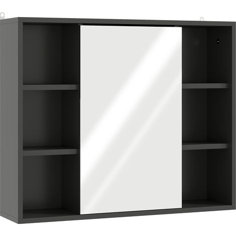 Meuble vasque salle de bain noir avec miroir, armoire porte battante et 6 niches ouvertes, 60 x 14,5 x 49,4 cm (1/5)