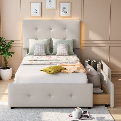 Letto semplice - Capitonné 90x200 velluto beige - 2 cassetti su ruote - Rete a doghe in legno - Carico 200 kg