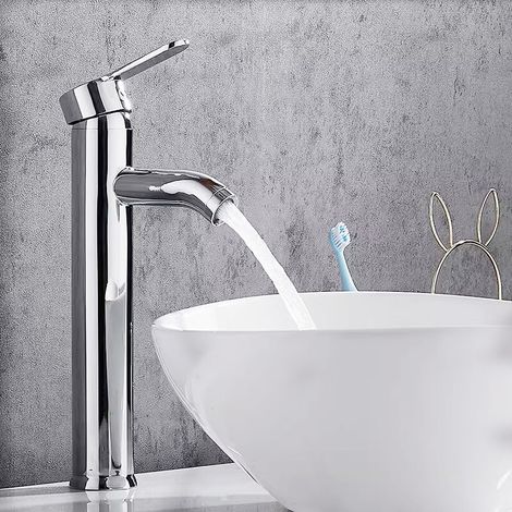 Robinet avec Haut Robinet pour Lavabo ou Vasque de Salle Bain, Chaude et Froide Réglable de Mitigeur Lavabo, Laiton Chromé(Garantie à vie) (Gris argenté) (1/5)