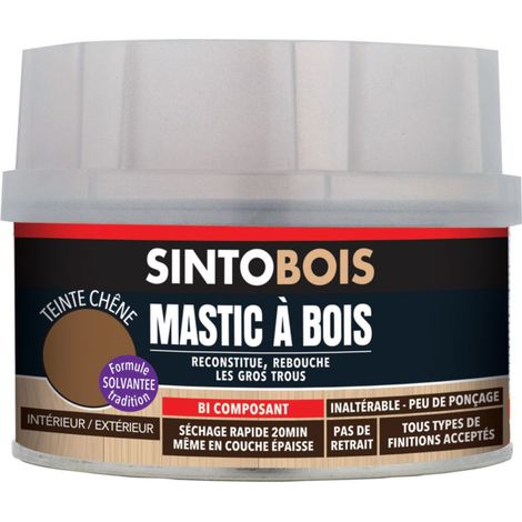 Sinto – Mastic bi-composants sans styrène pour bois dur – Application intérieure/extérieure – Ponçable en 20 minutes – Teinte chêne 550g + 30g