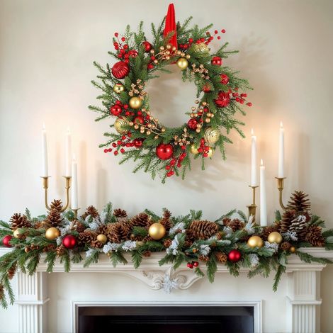 Guirlande De Noël - 45 cm - Pour Porte Intérieure Et Extérieure - Fleur Rouge Et Boule Dorée - Décoration Hivernale (1/5)