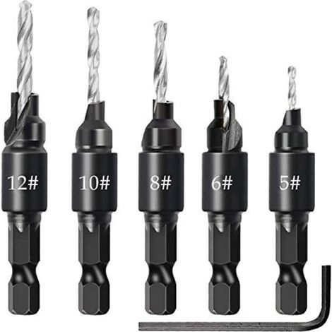 Foret A Chanfreiner - Acier Rapide HRC 62-64 - Angle 82 Degres - Pour Bois Plastique Et Panneaux - Jeu De 5 Mèches Tailles 5 6 8 10 12 - Tige Hexagonale 1 4 Pouces (1/4)
