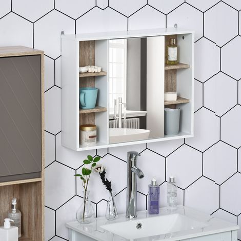 Mobiletto da bagno a parete con specchio, specchio da bagno con contenitore, armadietto con ante e 6 vani a giorno, 60 x 14,5 x 49,4 cm, bianco (1/5)