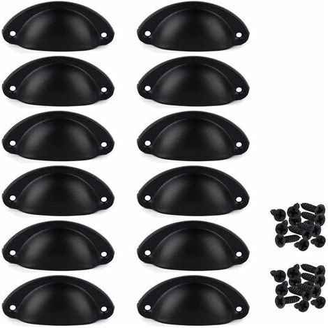 Lot de 12 poignées en fer forgé pour portes de placard, tiroirs, armoires et meubles d'intérieur, avec vis (noir) (1/2)