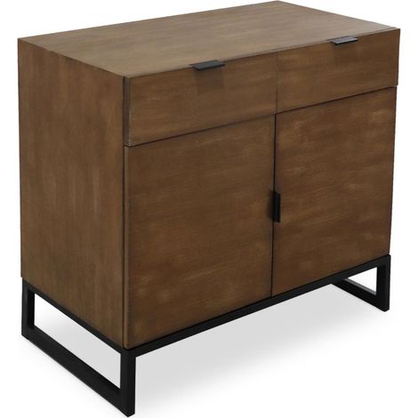 Cotecosy – Commode 2 tiroirs et 2 portes battantes en bois d'acacia – Dimensions L79 x P44 x H76 cm – Style moderne chêne clair avec pieds en métal noir (1/5)