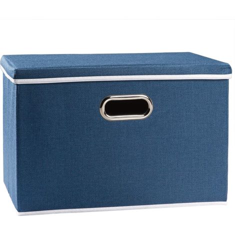 Grande bac de rangement pliable en lin avec couvercle, Boîte de rangement en tissu de lin décorative, Panier Cube avec poignées, Bleu royal (43x30x30cm) (1/5)