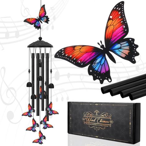 Schmetterling Windspiel 90cm Metall, Wetterfest, Beruhigender Klang, Geschenkbox