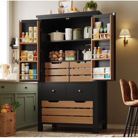 Buffet de cuisine 80 x 40 x 140 cm, meuble de rangement 2 portes et 5 tiroirs, noir, REDOM (1/5)