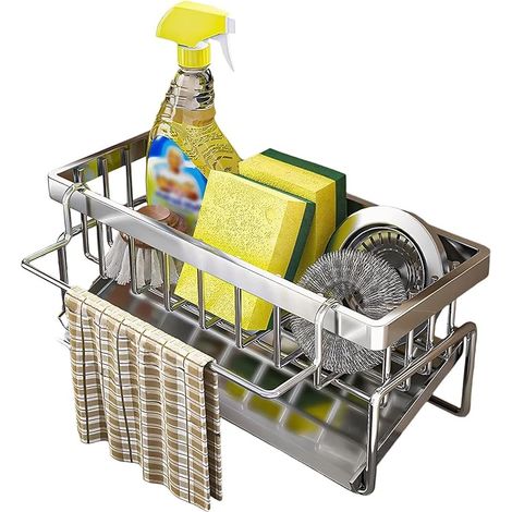 Organizzatore per lavello da cucina con porta spugna, contenitore per lavello con vassoio di scolo e portasciugamani rimovibile, in acciaio al carbonio (argento) (1/5)