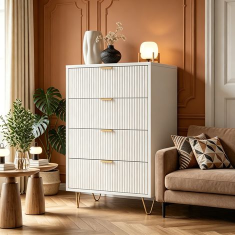 JOOKGBD-Comò con cassetti,Comò Moderno Cassetti Mobile da Giorno,Credenza,Comodino,Adatto per Camera,Soggiorno,Corridoio,Piede del tavolo dorato,Stile lusso minimalista,Bianco