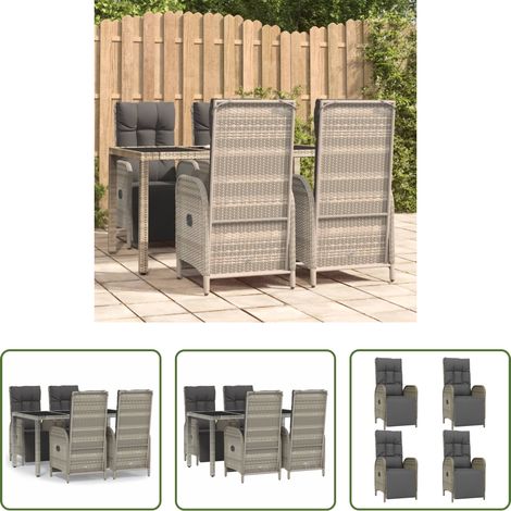 Gartenessgruppe - 5-tlg. Garten-Essgruppe mit Kissen Grau Poly Rattan (1/5)