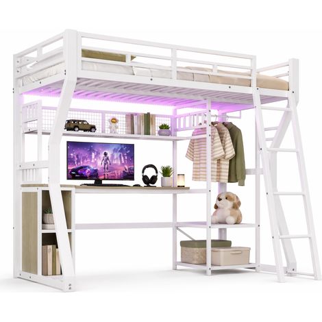 Cama alta 90 x 200 cm con estructura de metal y MDF, luz regulable, enchufe, escritorio, barra para colgar ropa, estantes y almacenaje abierto, blanca CHICFURN (1/5)