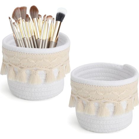 2 x Boho Cotton Baskets, 10 x 10 cm, Makeup Organiser and Storage Brushes, Decorative Woven Basket for Dressing Table, Bathroom, Office, Pen Holder and Makeup Accessories with 15 (1/5)