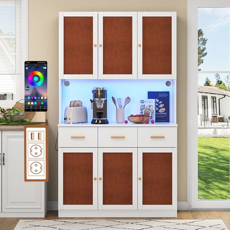 Buffet de Cuisine Blanc,Lampe LED Controle APP,Avec Prise USB,3 Tiroirs et Rangement Micro-ondes,105×43×182cm (1/5)