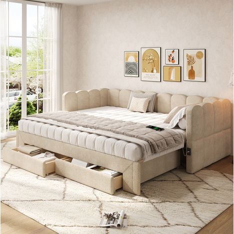 Divano letto in chenille beige 90x200 cm estensibile a 180x200 cm con 2 cassetti, USB e rete inclusa (1/5)