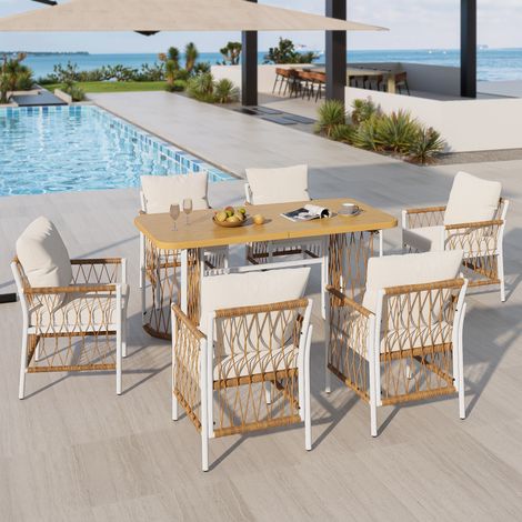 Salon de Jardin 7 Pièces - Ensemble Repas Extérieur 6 Places, Table en Bois Massif et 6 Fauteuils en Résine Tressée avec Coussins, Structure Métal Robuste