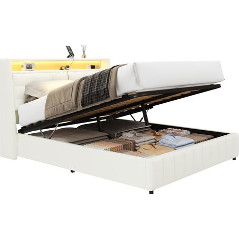 Letto a piattaforma imbottito 160x200 cm bianco con LED, USB e vano contenitore - CHICFURN (1/5)