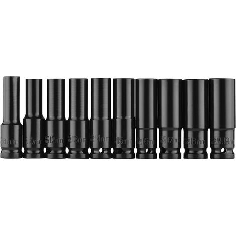 Coffret de 10 douilles à impact hexagonales 1/2 pouce, douilles profondes de 8 à 19 mm, en acier CR-V, avec boîte de rangement. (1/2)