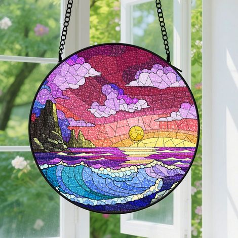 Suspension en vitrail - Attrape-soleil artistique minimaliste coloré, décoration porte fenêtre, cadeau Anniversaire pour femme, homme 30 cm (1/5)