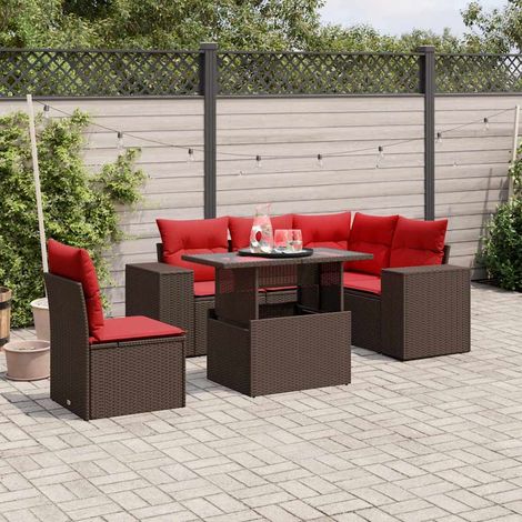 Salon de jardin 6 pièces en rotin PE marron avec table réglable et coussins rouges, 60.5kg - PANGIVO (1/5)