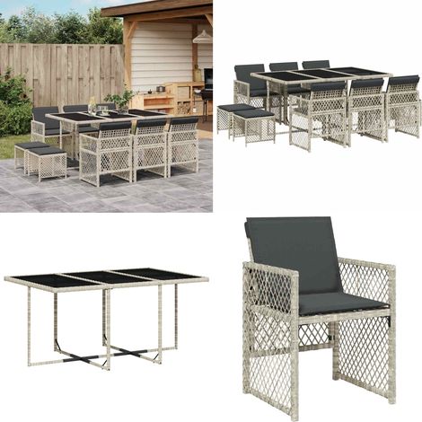 11-tlg. Garten-Essgruppe mit Kissen Hellgrau Poly Rattan - Gartengruppe - Gartenmöbelset - Esstisch - Gartenstühle - Gartenhocker - Home & Living (1/5)
