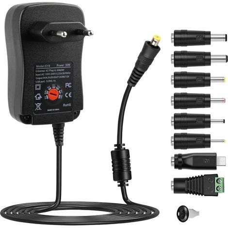 Chargeur Universel 30W Secteur 3V-12V, AC à DC 3V 4.5v 5V 6V 7.5v 9V 12V 2A Power Supply, Adaptateur Universel de Transformateur d'alimentation Découpage, avec 8 DC Connecteurs pour Router CCTV Cam