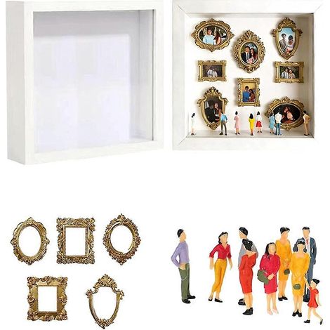 Boîte à souvenirs miniature à monter soi-même, avec silhouettes, cadres lumineux pour figurines miniatures, cadeau idéal pour un anniversaire ou un mariage (blanc). (1/5)
