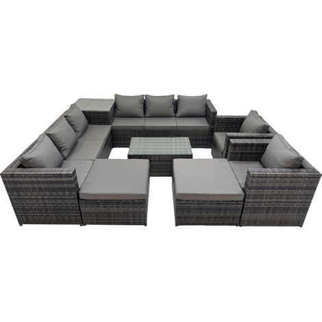 Fimous 10 Seater Garden Outdoor Rattan Furniture Set Patio Corner Sofa Rectangular Coffee Table with 2 Big Stools Side Table Dark Grey (1/5)