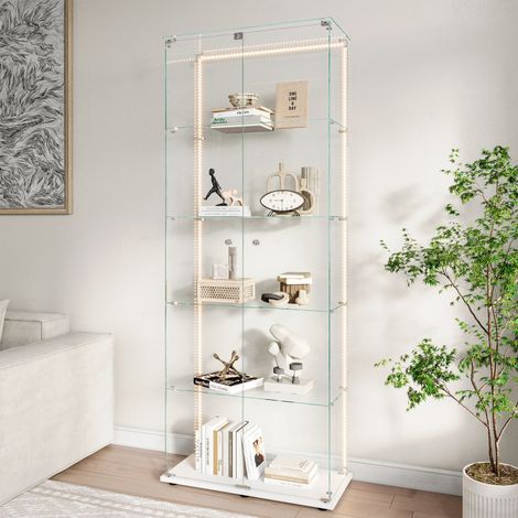 Vitrina per collezione, Vetrina in vetro con striscia LED regolabile, armadio vetrina a doppia porta 5 livelli in vetro temperato, mobile espositivo luminoso per soggiorno, camera o ufficio, base bian