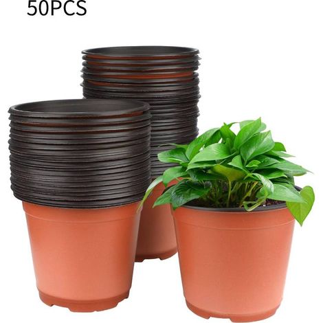 Paquete de 50 macetas de plástico de 15 cm para plántulas, macetas para flores de exterior, macetas para tomates en maceta, color marrón (1/5)