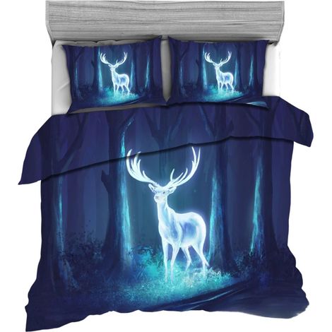 Ensemble de literie 3 pièces, motif animaux sauvages, coloré, polyester, pour chambre à coucher, cerf fluorescent 220x240 cm, 3 pièces (1/2)