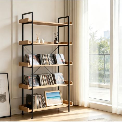 Libreria a 5 ripiani 91 x 25,5 x 173 cm in MDF e metallo nero e rovere chiaro DESVIAE (1/4)