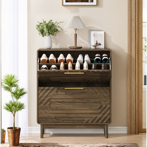 Mueble zapatero 80 x 24 x 95 cm, 2 puertas abatibles, espacio abierto, MDF, nogal HAVRYA (1/5)