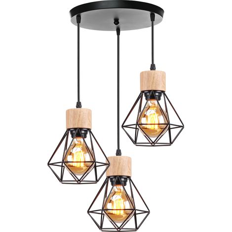 Suspension Luminaire Rétro Lampe À Suspension Vintage Noir À 3 Lumières, Plafonnier D'Intérieur Moderne En Métal Et En Bois