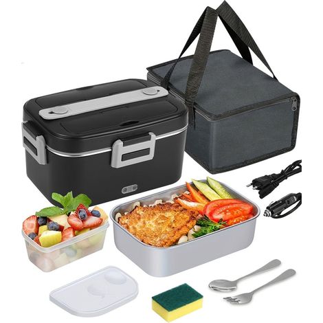 Boîte à lunch électrique 3-en-1 1.8L - 12V/24V/220V Bento Box chauffante - Met Couverts et sac isotherme - Pour voiture, bureau et utilisation domestique - Chauffage rapide en 20-30 minutes - Noir et