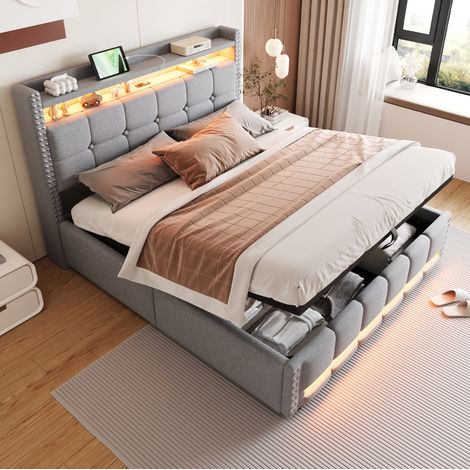 Letto con contenitore imbottito grigio chiaro 160x200 cm con LED, USB, testiera con ripiani e rete a doghe (1/5)