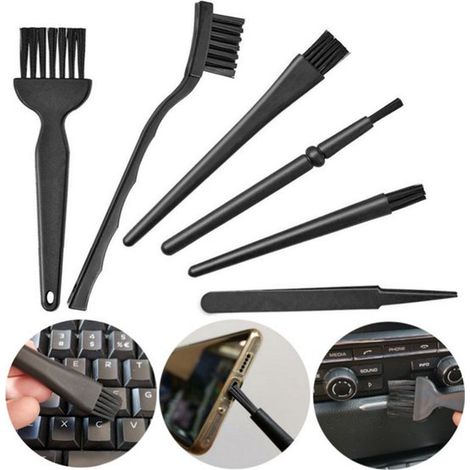 Kit de limpieza de teclado - Juego de 6 piezas - Mini cepillo de limpieza para teclado - Cepillo de plástico antiestático - Cepillo motorizado para eliminar el polvo - Negro (1/5)