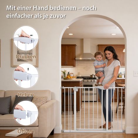 Barrière escalier bébé et chien blanc métal plastique largeur ajustable 75-115cm hauteur 76cm sans perçage avec rallonges, grille de sécurité mixte maison (1/5)