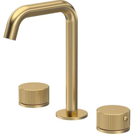 Ashenhurst Contemporary 3 Tap Hole Basin Mixer Tap with L-Shaped Spout and Fluted Handles, Brushed Brass (1/2)