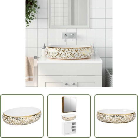 vidaXL Keramik Waschbecken -  Aufsatzwaschbecken Weiß und Golden Oval 59x40x15 cm Keramik