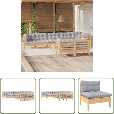 Terrassenmöbel - 9-tlg. Garten-Lounge-Set mit Grauen Kissen Kiefer Massivholz (1/5)