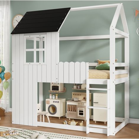 Lit mezzanine enfant maison 90x200 cm avec fenêtres décoratives, escalier 3 marches et garde-corps tout autour, blanc et noir, pin et MDF - CHICFURN (1/5)