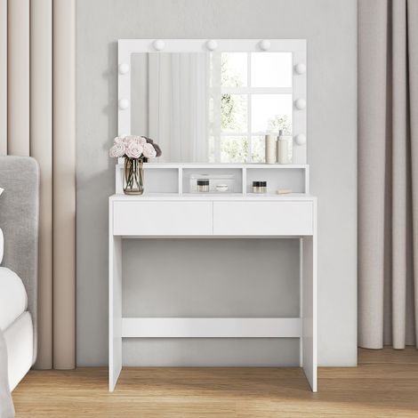 Coiffeuse Avec Grand Miroir Led, Table De Maquillage, 2 Tiroirs Et 3 Compartiments, Coin Beauté, Style Moderne, Blanc (1/5)