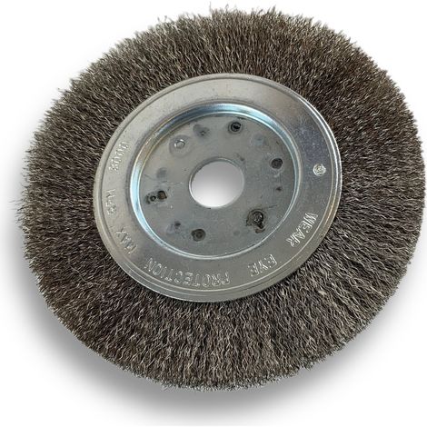 Brosse circulaire INOX Ø 150 mm Epaisseur 1 rang Fil souple 0.20 mm ondulé Alésage 20 mm + réducteur bague 16/12 mm Touret meuleuse affûteuse ponceuse Kibros 215151IV
