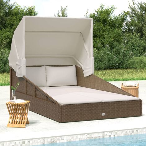 Sonnenliege mit Faltdach Braun 200x114x128 cm Poly Rattan