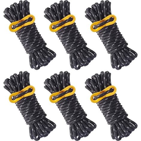 6 Pieces Reflective Tent Rope Camping Tent Rope 4m X 5mm Black Tent Rope with Adjustable Tensioner for Outdoor Camping Canopy Tents (1/5)