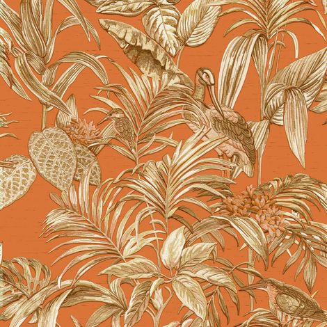 Orange Gold Tropical Wallpaper Birds Palm Textured Paste the Wall Vinyl (1/2)
